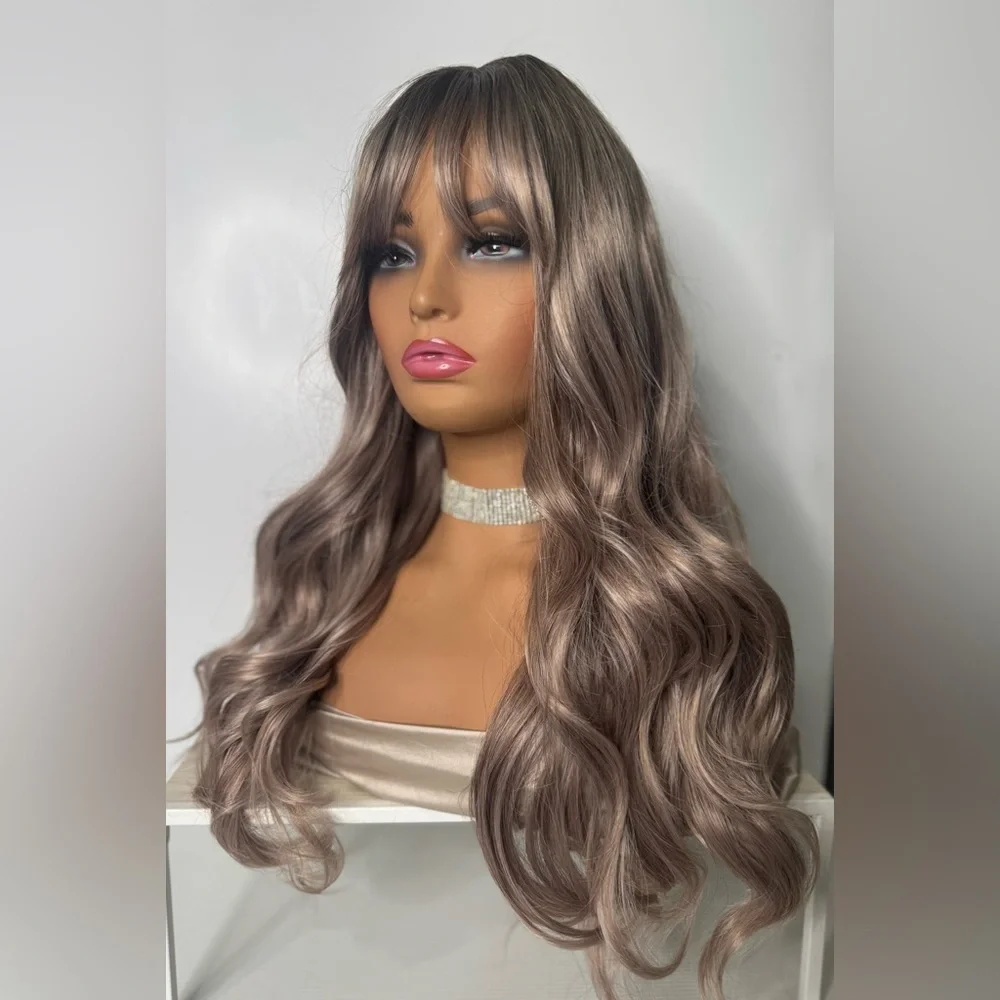 Long Wavy Ash Brown Balayage Silver lilac Wig – Curtain Bangs, Classic